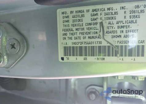 2010 Honda Accord 2.4 Ex from USA, damaged, VIN 1HGCP2F75AA011730